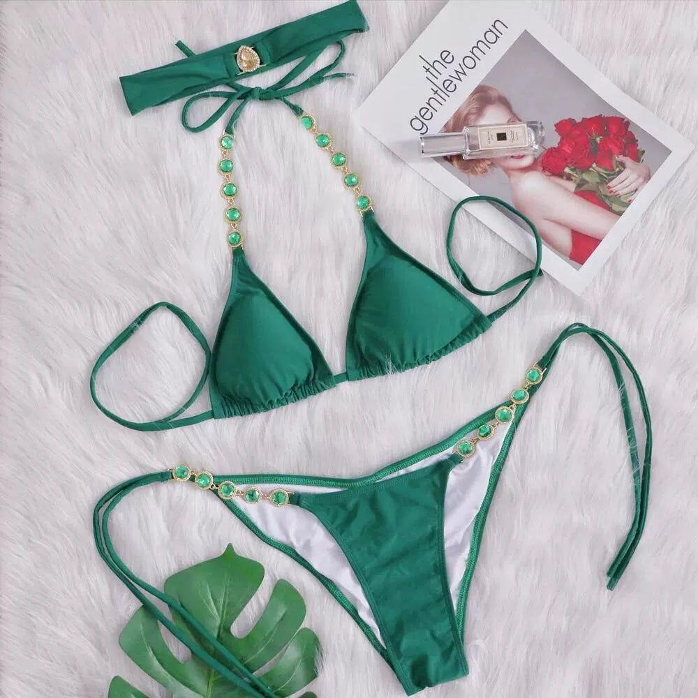 Metal Split Swimsuit Diamond Bikini: Sexy String Bikini