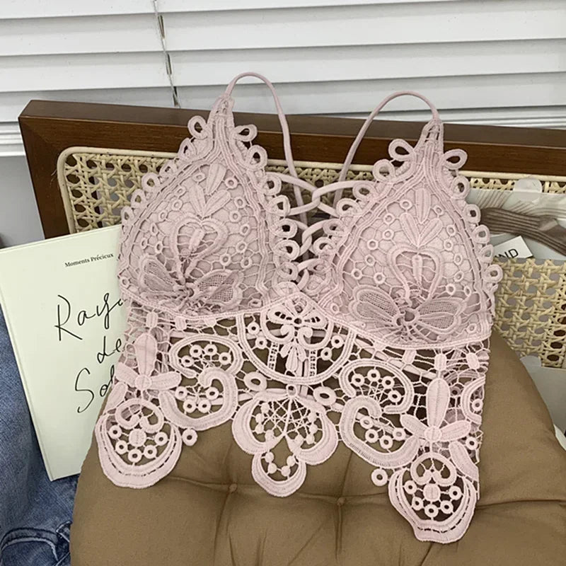 pink cotton crochet bikini top.