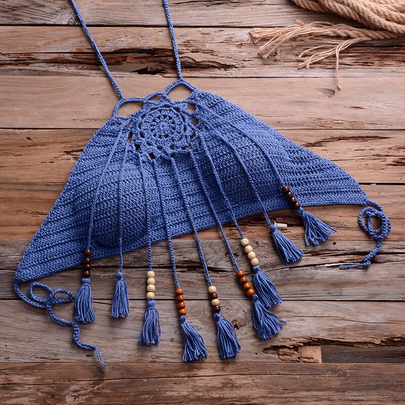 blue Bohemian Crochet Bikini Top