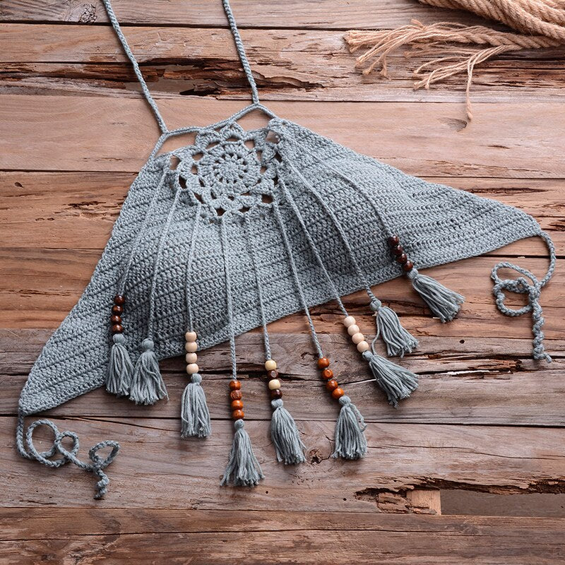 gray Bohemian Crochet Bikini Top