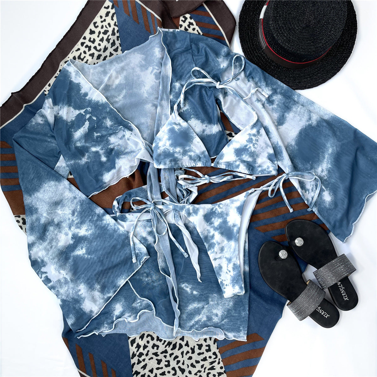 Split Swimsuit Tie-Dye Four-Piece Bikini Set with Beach Cover-Up