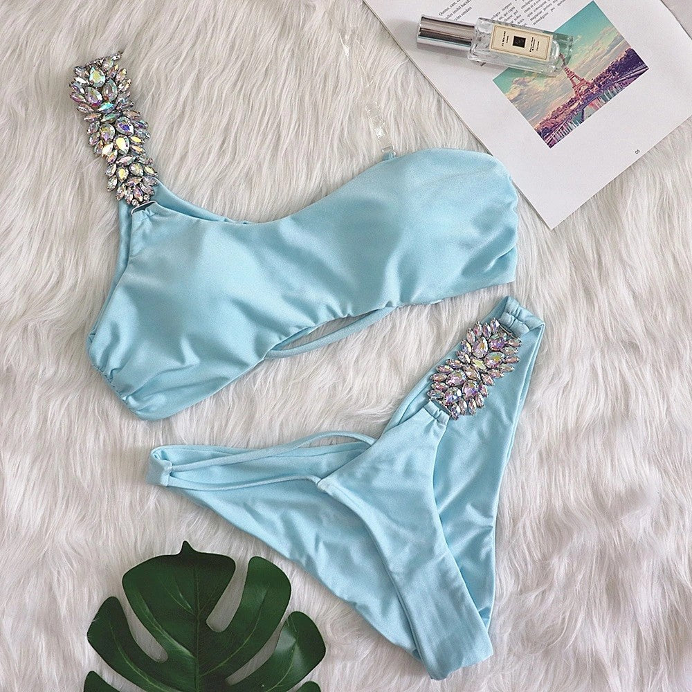 Sexy Crystal Diamond Bandage Hollow Split Swimsuit One Shoulder Swimsuit Bikini