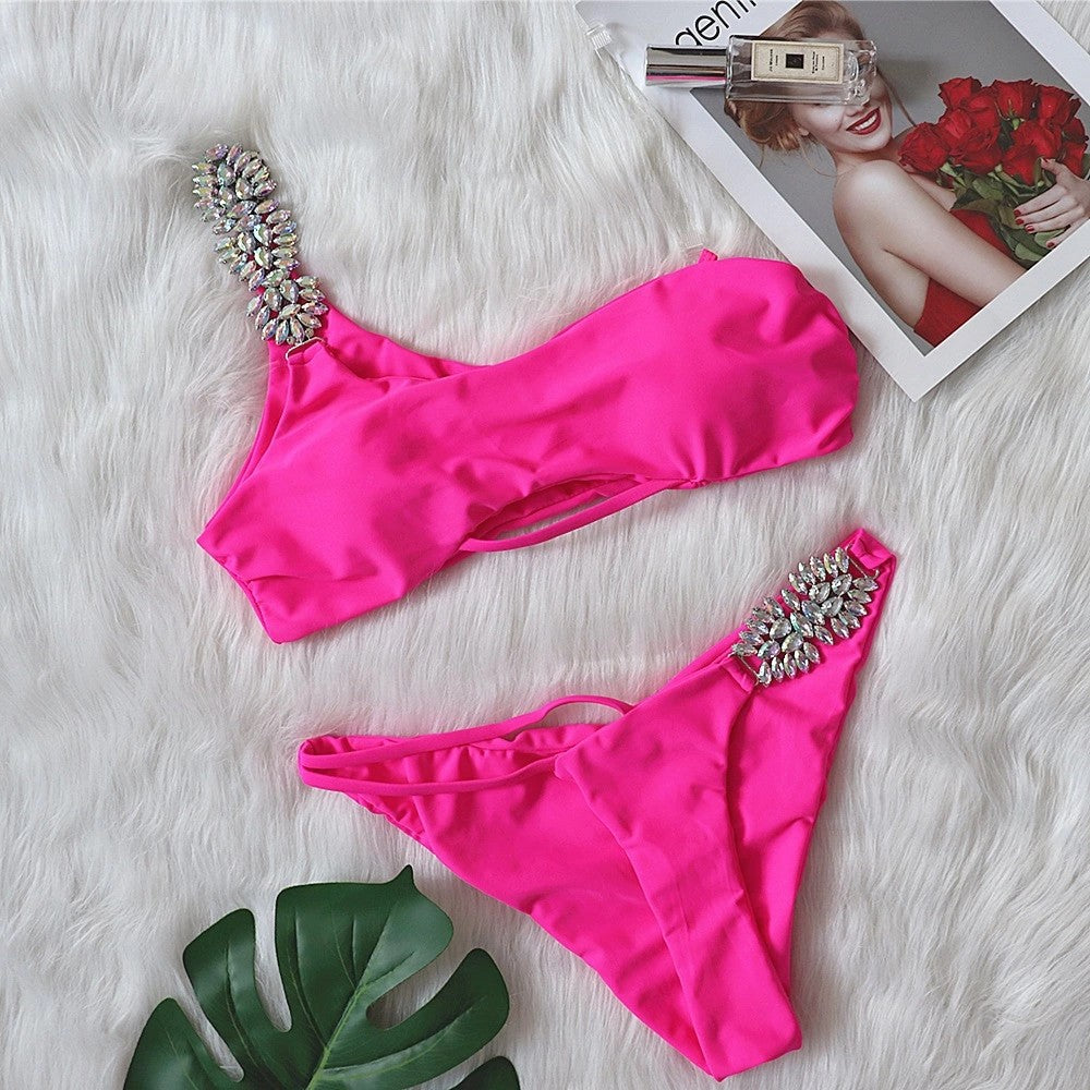Sexy Crystal Diamond Bandage Hollow Split Swimsuit One Shoulder Swimsuit Bikini